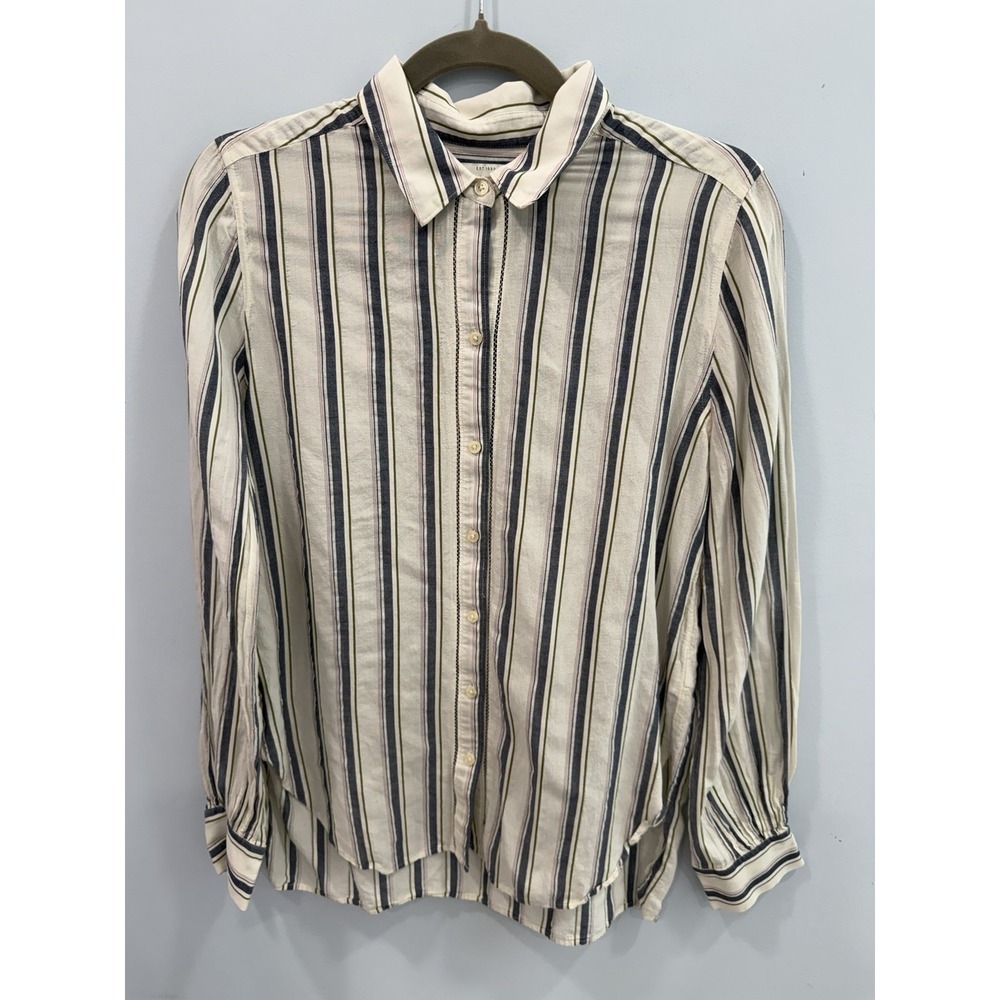 Lucky Brand Striped Button Up Shirt Medium Cotton Rayon Long Sleeve Classic Boho